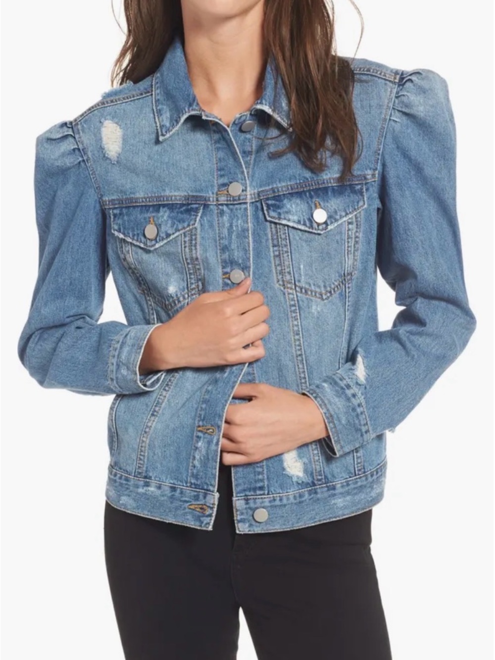 BP Nordstrom Puff Sleeve Distressed Blue Jean Jacket Women Large 80s Style Teen